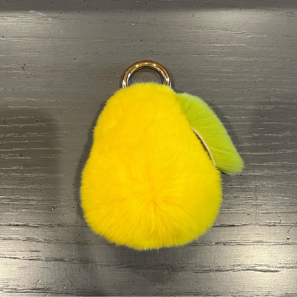 Faux Mink Fur Yellow Pear Smiley Face Keychain Bag Charm - Picture 5 of 9